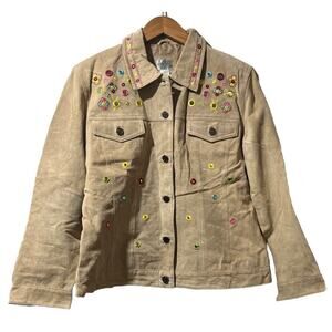 Chico’s 1 Medium Tan Suede Leather Jacket Embroidered Bling Jean Vtg cottage